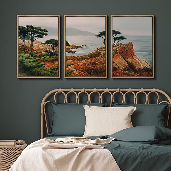 SIGNFORD Framed Wall Art Print Set Coastal Cypress and Rocky Shoreline Scenic Landscape Digital Art Modern Art Contemporary for Living Room, Bedroom, Office - 24"x36"x3 Natural