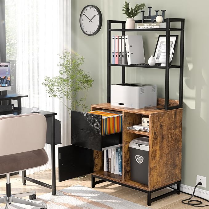 Homieasy Vertical Filing Cabinet with Lock & Charging Station, Large Drawer Wood File Cabinet with Bookshelf, Printer Stand with Open Storage Shelf, fits Letter Size for Home Office, Black and Rustic