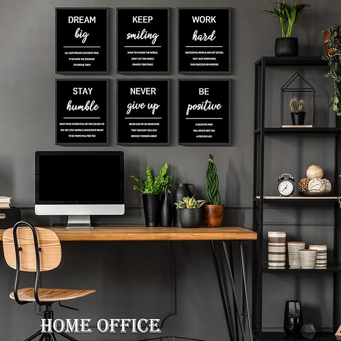 Drsoum Inspirational Office Framed Wall Art Motivational Wall Decor Quotes Encouraging Canvas Posters for Living Room Bedroom Sayings - 8” x10” x6 PCS Black Framed