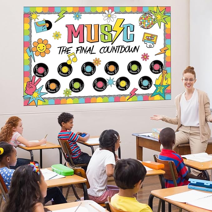 Pajean Music Bulletin Board Retro Groovy Record Classroom Decorations Music Note Flower The Final Countdown Cutouts for Back to School First Day Door Wall Window Chalkboard Supplies