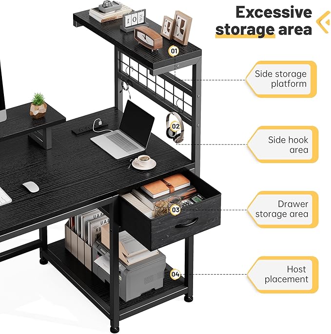 EnHomee 40" Gaming Desk with Power Outlets & LED Lights, Computer Desk with Drawer & Storage Shelve, Home Office Desk with Monitor Stand for Living Room, Study Room, Gaming Room, Black