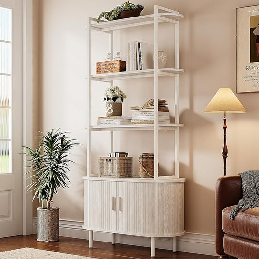 5 Tier Tall Bookshelf with Cabinet, Fluted Bookcase with Sliding Door, Metal and Wood Display Shelf, Free Standing Storage Shelving Unit, Corner Storage Organizer for Living Room, Home Office, White