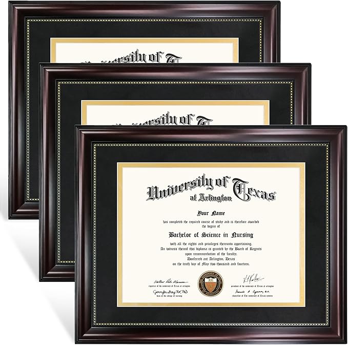 GraduationMall 8.5x11 Diploma Frame with Black over Gold Mat or Display 11x14 Document without Mat, UV Protection Acrylic, Mahogany with Gold Beads, Set of 3