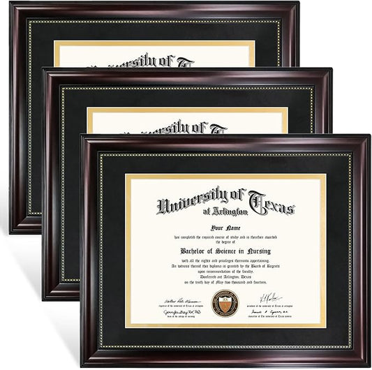 GraduationMall 8.5x11 Diploma Frame with Black over Gold Mat or Display 11x14 Document without Mat, UV Protection Acrylic, Mahogany with Gold Beads, Set of 3