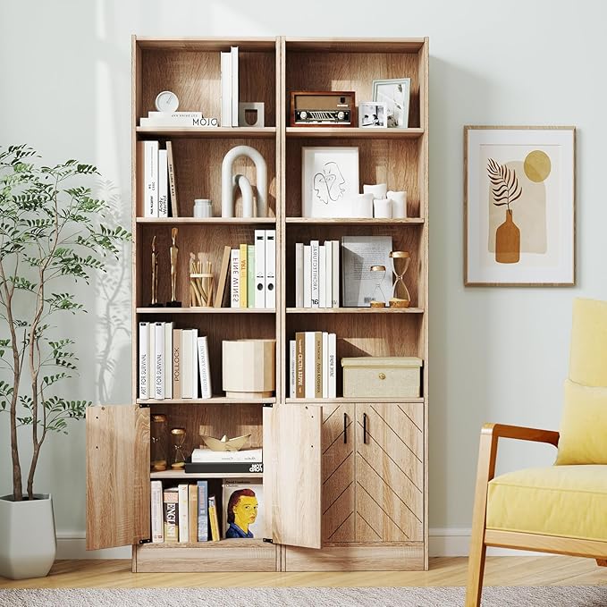 Giantex 6-Tier Bookshelf with Doors Set of 2, 71" Tall Bookcase w/ 4 Open Cubes & 3 Adjustable Shelves, Mid Century Display Cabinet, Modern Floor Storage Organizer for Living Room, Study, Oak