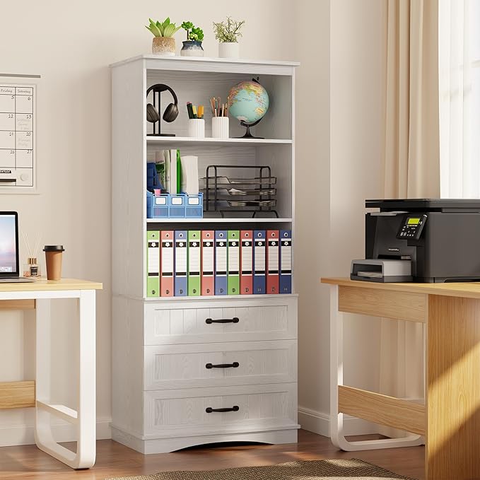 Gizoon 70'' Tall Bookcase with 3 Drawers Wooden Bookshelf with Storage Cabinet Multifunctional Book Storage Organizer for Office Living Room and Bedroom，White