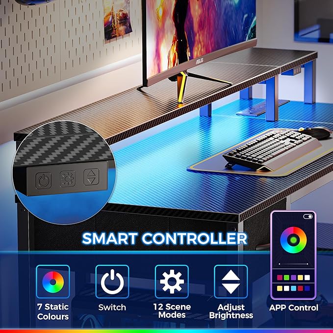 SUPERJARE 47 inch L Shaped Gaming Desk with LED Lights & Power Outlets, Reversible Computer Desk with Shelves & Monitor Stand, Corner Desk with Drawer, for Home & Office, Carbon Fiber Black