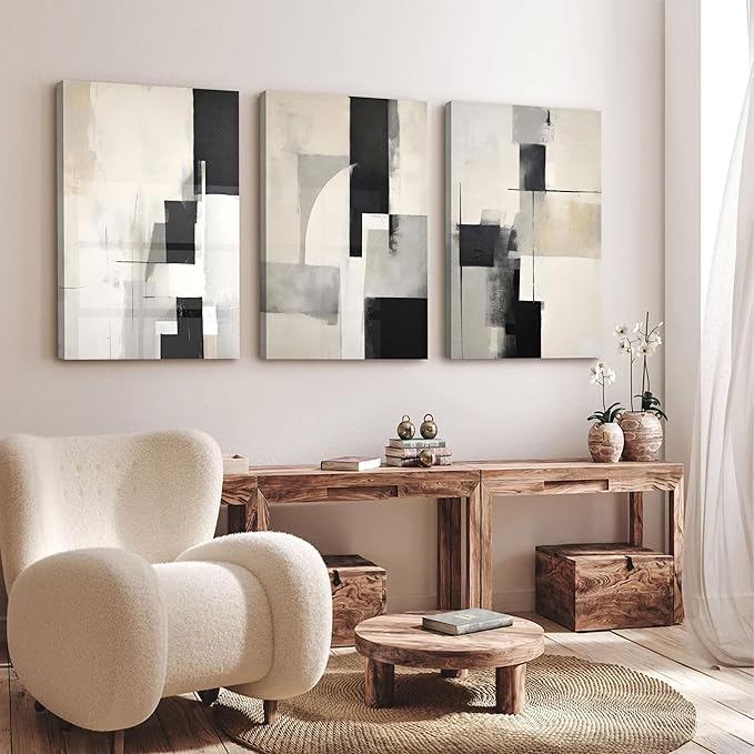 3Pcs Framed Neutral Abstract Canvas Wall Art Pictures Modern Minimalist Posters Prints Beige Black Brown Simple Wall Decoration for Living Room Bedroom Bathroom Office 16x24in