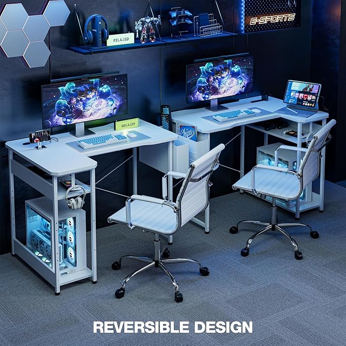 L Shaped Gaming Desk 55 Inch - Computer Corner Desk with Power Outlets, Reversible Shelves & Storage Bag for Home Office, PC Gaming Table, White Carbon