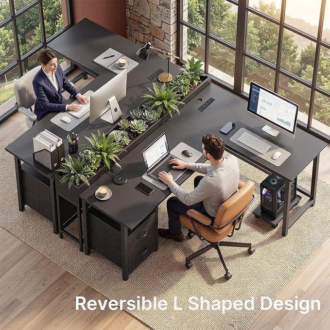 Gizoon 66" L Shaped Gaming Desk with Large Drawers, Reversible Corner Desk with Power Outlets & Moveable CPU Stand, Home Office Computer Desk, Black