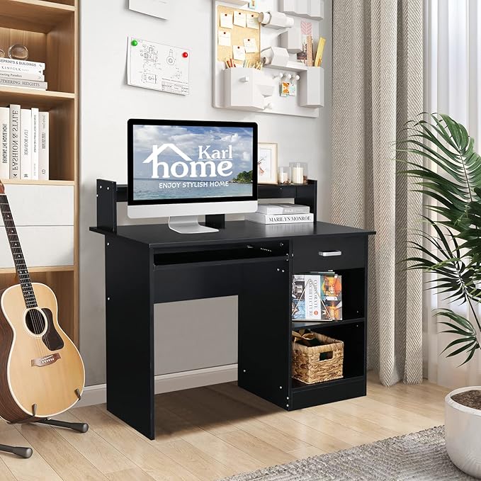 Karl home Computer Desk Study Writing Desk, PC Laptop Table Wooden Home Office Workstation with Drawer Shelf Keyboard Tray, Black