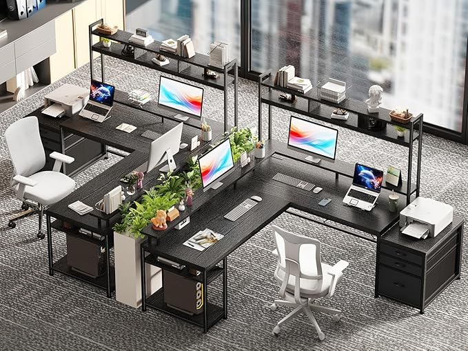 EnHomee 64 x 60 Inches L Shaped Desk with Hutch and Drawers, Gaming Desk with Power Outlet & Monitor Stand & LED Lights, Computer Corner Desk, Two Person Office Desk for Living, Gaming Room, Black