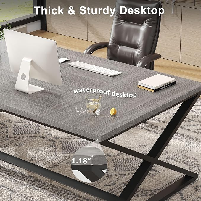 IBF Extra Large Desk, 78.7” Long Home Office Computer Desk, Simple Wide Work Desks for Writing Study in Bedroom, Industrial Wood Metal Game Desks Executive Workstation Conference Table, Light Grey Oak