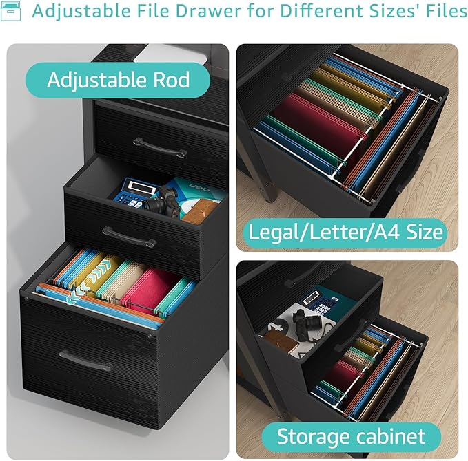 Lufeiya Computer Desk with Fabric File Drawers Cabinet, 55 Inch Reversible Home Office Desks with Filing Cabinet, Study Writing Table PC Desks with Storage for Bedroom, Black