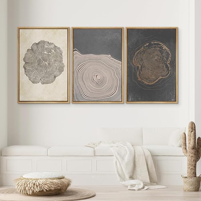 SIGNWIN Framed Canvas Print Wall Art Set Pastel Gray Wood Tree Ring Spirals Nature Abstract Drawings Modern Art Decorative Contemporary Minimal for Living Room, Bedroom, Office - 24"x36"x3 Natural