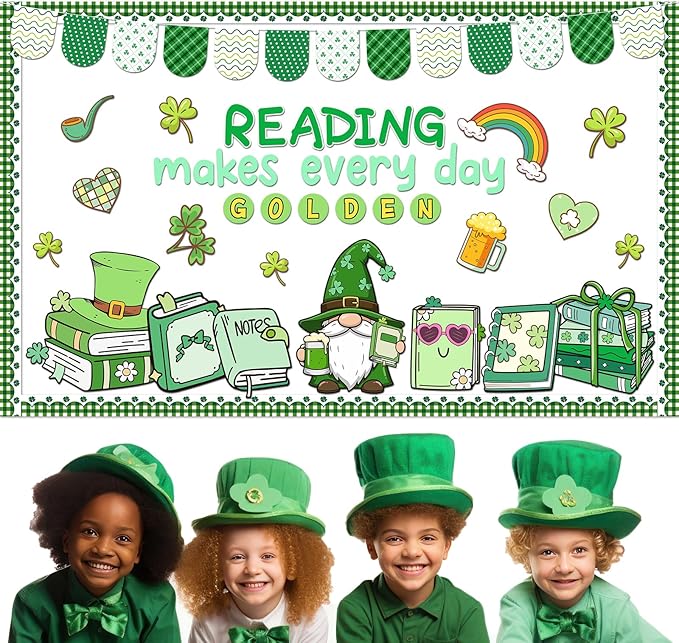 St. Patrick's Day Reading Bulletin Board Set Motivational Reading Classroom Decoration St. Patrick Bulletin Board Lucky Shamrock Gnomes Cutouts for Irish Holiday Home Classroom Chalkboard Wall Decor