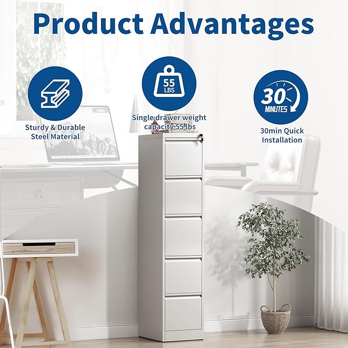 5 Drawer File Cabinet with Lock, Metal Filing Cabinet for Home Office, Vertical File Cabinet for Letter/Legal/A4/F4 Documents, Easy to Assemble Steel Storage Cabinet