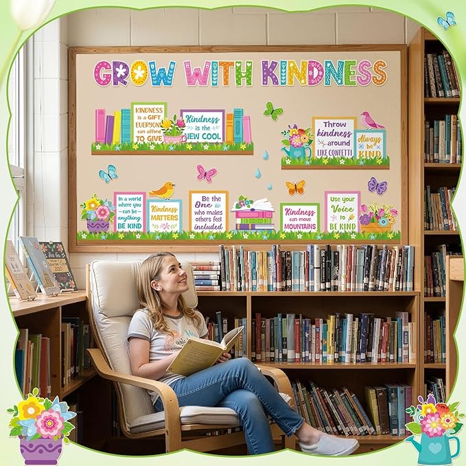 Qilery Grow with Kindness Bulletin Board Set Spring Classroom Decorations - Motivational Reading Posters for Teachers Elementary School Library Wall Decor Flower Book Cutouts for Kindness Week Display