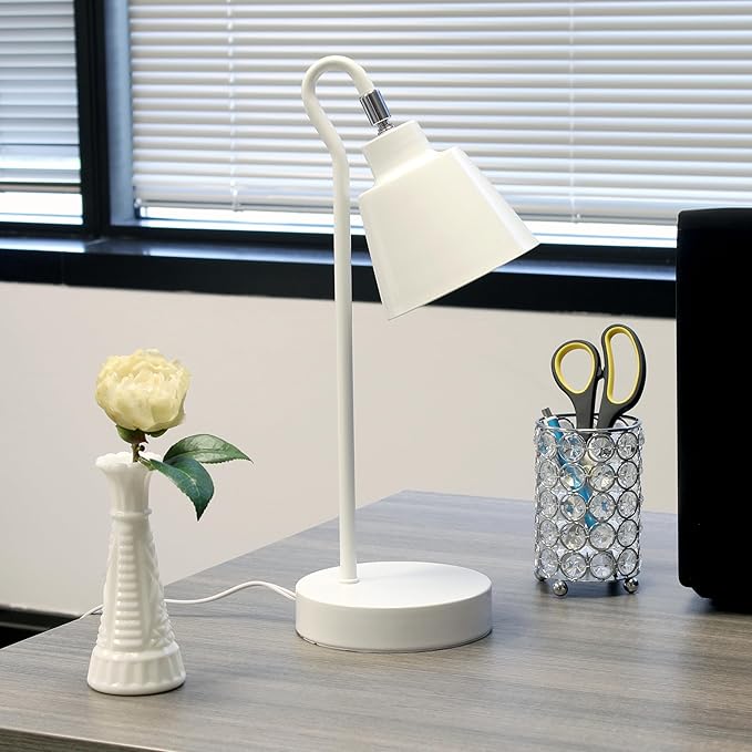 Simple Designs LD1079-WHT 16" Sleek Essentials Metal Looped Desk Task Lamp with Adjustable Shade, for Office, Desk, Nightstand, Dorm, White