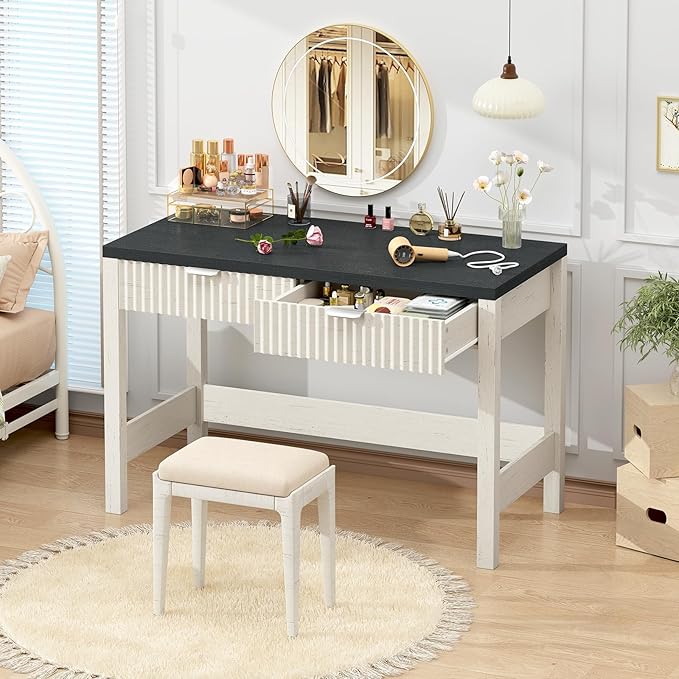 Fluted Computer Desk with 2 Drawers, 39 Inch Small Computer Desk with Storage, Compact Writing Study Desk for Small Spaces, Black and White