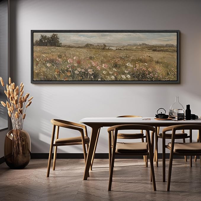 SIGNFORD Large Framed Canvas Pastoral Flower Field Landscape Classic Illustrations Modern Art Calm Warm for Living Room, Bedroom, Office - 60"x20"