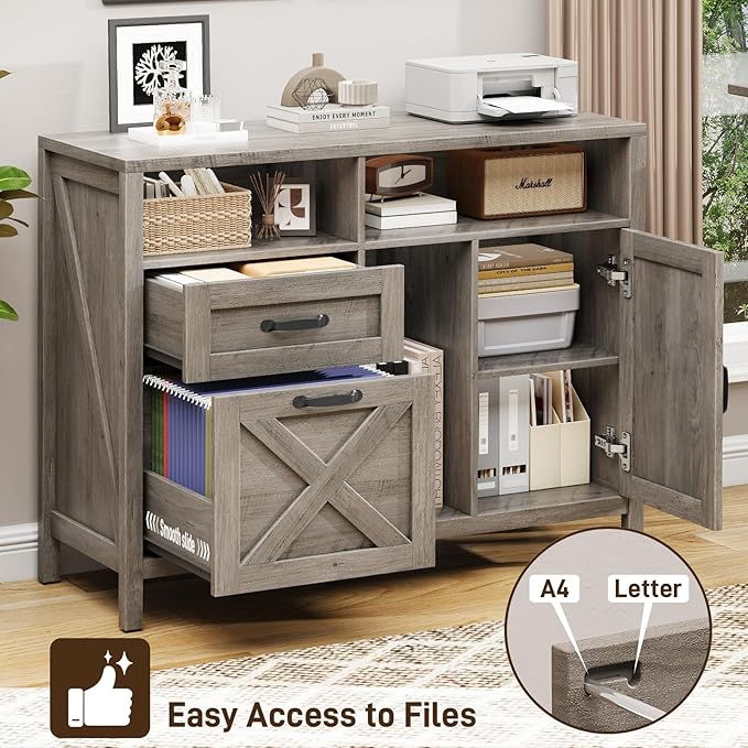 Farmhouse File Cabinet with Doors, Lateral Filing Cabinet with 2 Drawers for Letter/A4 Size Hanging Files, Large Wooden Printer Stand with Open Shelf for Home Office, Rustic Grey