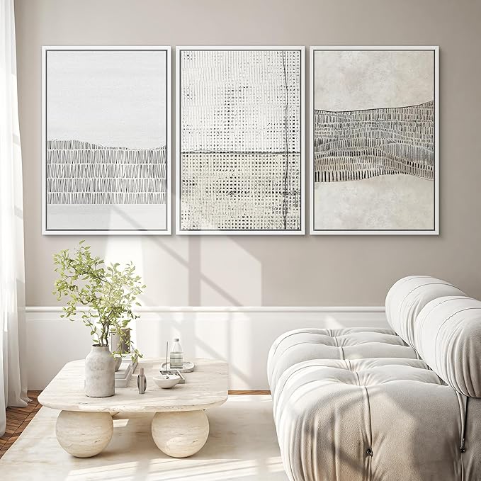SIGNWIN Framed Canvas Print Wall Art Set Grunge Black Tan Line Art Landscape Abstract Shapes Cozy Neutral Modern Art Decorative Contemporary Minimal for Living Room, Bedroom, Office - 24"x36"x3 White