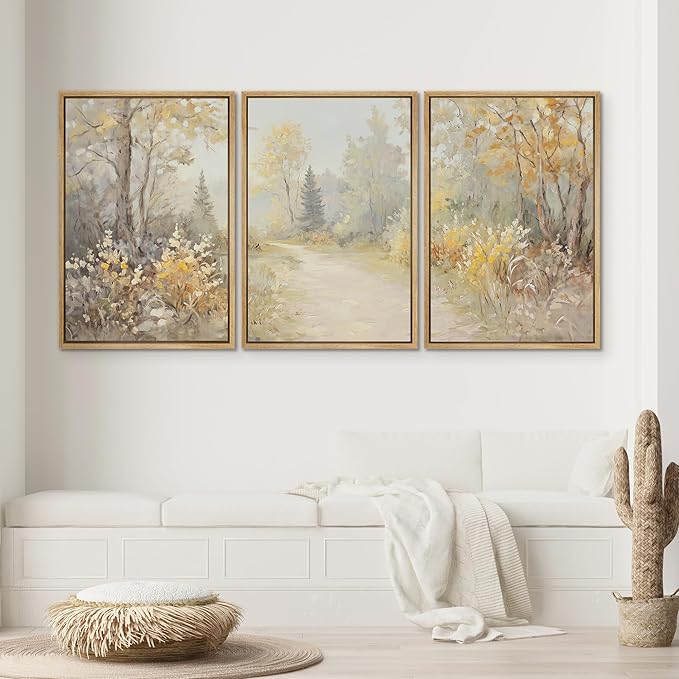 SIGNWIN Framed Canvas Print Wall Art Set Golden Woodland Path Impressionist Nature Scene Illustrations Modern Art Decorative for Living Room, Bedroom, Office - 16"x24"x3 Natural