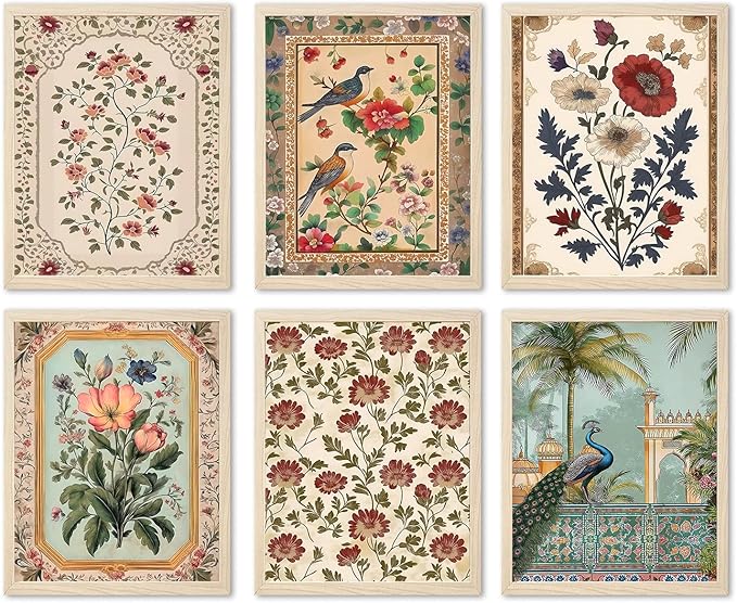 Vintage Floral Wall Art Poster Set of 6, Rustic Flower Bird Pictures Wall Decor, Retro Neutral Botanical Peacock Paintings Canvas Prints Aesthetic Home Decor for Living Room Bedroom 12x16in Unframed