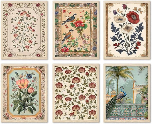 Vintage Floral Wall Art Poster Set of 6, Rustic Flower Bird Pictures Wall Decor, Retro Neutral Botanical Peacock Paintings Canvas Prints Aesthetic Home Decor for Living Room Bedroom 12x16in Unframed