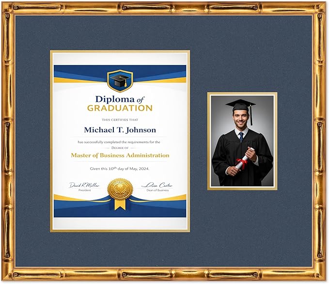 Diploma Frame With Photo Opening Gold Bamboo Navy Blue Over Gold Mat - Fits 10 x 13 Degree and Picture Made in the USA