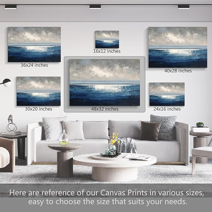 gaosoul Modern Blue Abstract Canvas Wall Art Hand Painted Oil Seascape Prints with Gradient Ocean Blues Misty Gray Sky Gallery Wrapped Wall Decor for Living Room Bedroom Office Framed 48x32in