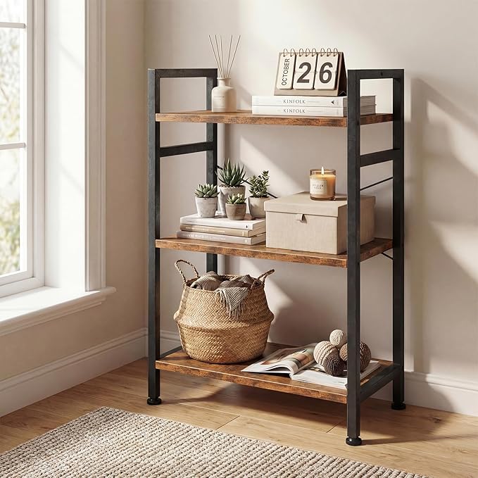 DUMOS 3 Tiers Bookshelf, Classical Book Shelf, Tall Display Shelves in Living Room/Home/Office, Storage Organizer for CDs/Books/Movies, Brown