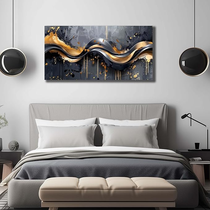 AOZEMI Abstract Wall Art Black Canvas Art Gold Wall Decor Paintings Artwork Print Pictures for Bedroom Living Room 20"x40"