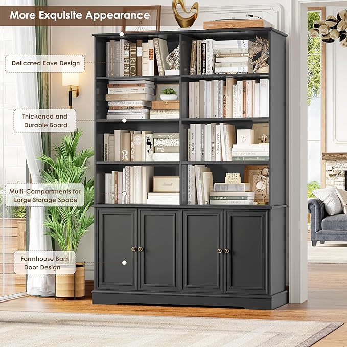 FINETONES 73" Black Bookshelf with Doors, 6 Tier Tall Bookshelf Double Wide Bookcases and Bookshelves with Storage, Large Display Cabinets for Home Office,Living Room, Library