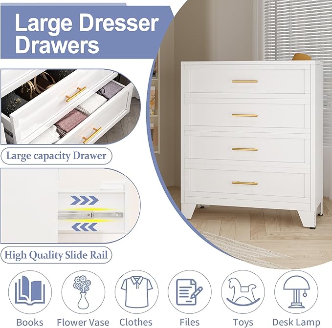 Tall 4 Drawers Dresser for Bedroom, Metal Drawer Dresser Chest Organizer, 4 Drawer Metal File Cabinet, Drawer Cabinet for Home Office Collection and Storage Small Size Files (White)