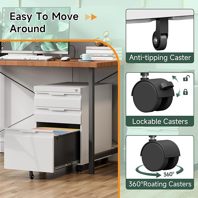 3 Drawer Metal Rolling File Cabinet with Lock, Under Desk Mobile Filing Cabinet for Home Office, Steel Storage Cabinet with Wheels for A4/Letter/Legal Documents, Easy Assembly, White