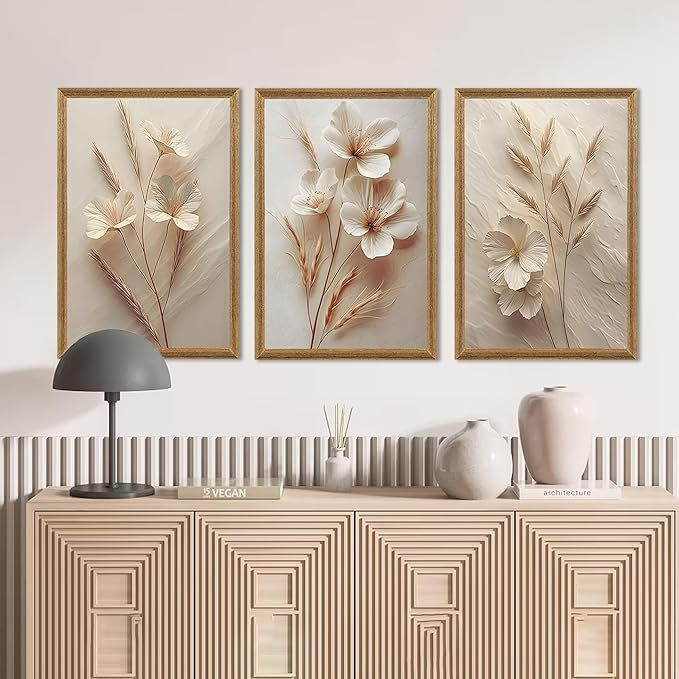 Wall Art Set Of Three Botanical Flower Canvas Prints With Wood Frames For Living Room Bedroom Home Decor Art Prints 16x24 Inch Each Wood Framed Easy To Hang