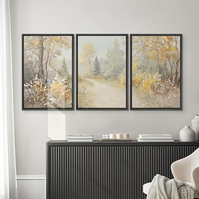 SIGNWIN Framed Canvas Print Wall Art Set Golden Woodland Path Impressionist Nature Scene Illustrations Modern Art Decorative for Living Room, Bedroom, Office - 24"x36"x3 Black