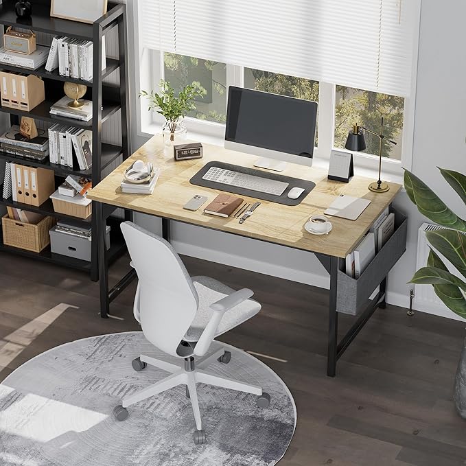 Shahoo Office Computer Desk, 40 Inch Student Home Table for Writing Work with Headphone Hook and Storage Bag, Light Oak