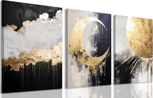 3Pcs Framed Black and Gold Abstract Canvas Wall Art Sun Moon And Cloud Posters Prints Maximalist Pictures Wall Decor For Living Room, Bedroom,bathroom Decoration
