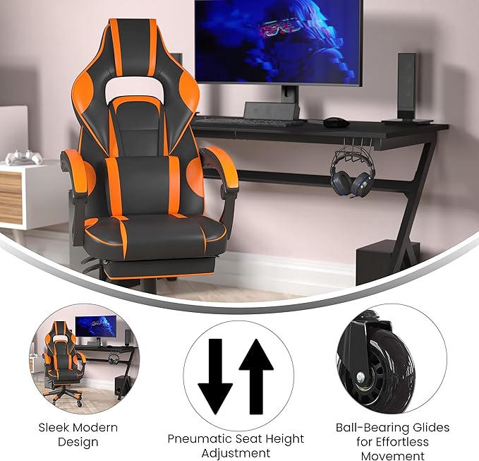 Flash Furniture X40 Gaming Chair Racing Computer Chair with Fully Reclining Back/Arms and Transparent Roller Wheels, Slide-Out Footrest, - Black/Orange