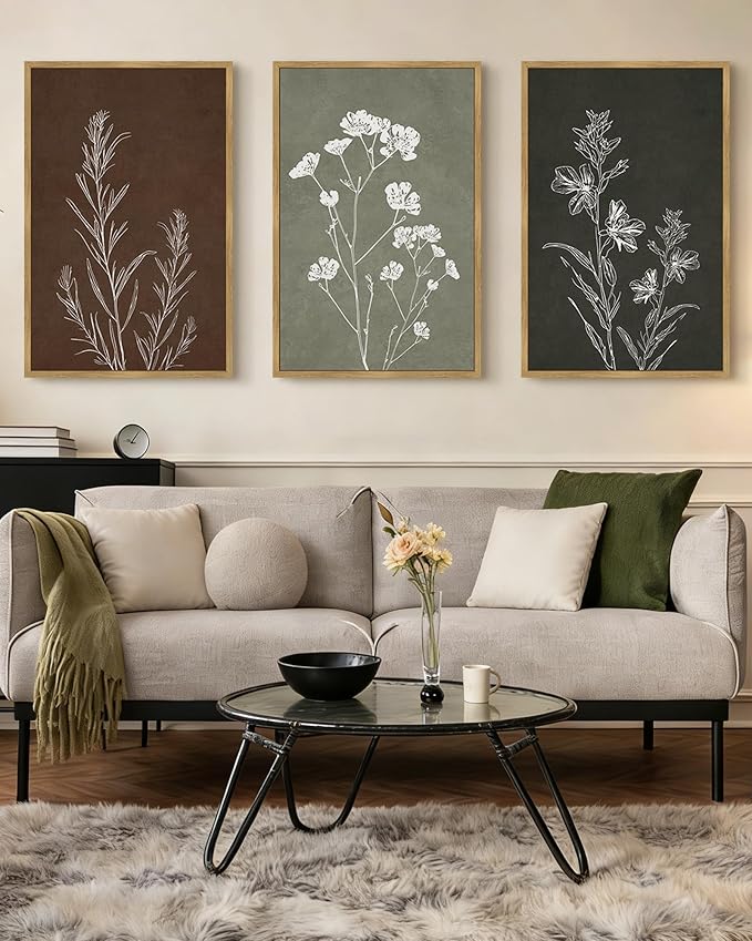 Drsoum Flower Wall Art Vintage Floral Minimalist Wall Hanging Decor Farmhouse Colorful Botanical Prints Artwork for Bedroom Living Room Hallway 24x36in Natural Framed