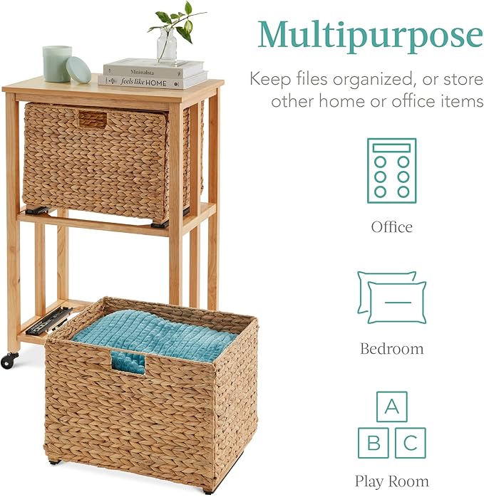 Best Choice Products Vertical Rolling File Cabinet, Multipurpose Portable Water Hyacinth Basket Organizer for Home Office, Workspace w/Rubberwood Frame, Metal Sliders, Locking Caster Wheels - Natural