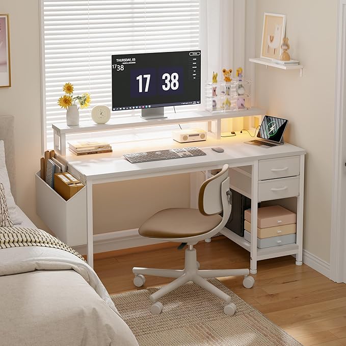 40" Computer Desk with LED Strip, Gaming Desk with Drawers & Storage Bag, Office Desk with Power Outlets & Monitor Stand, Home Office Desks for Bedroom, Gaming Room, White