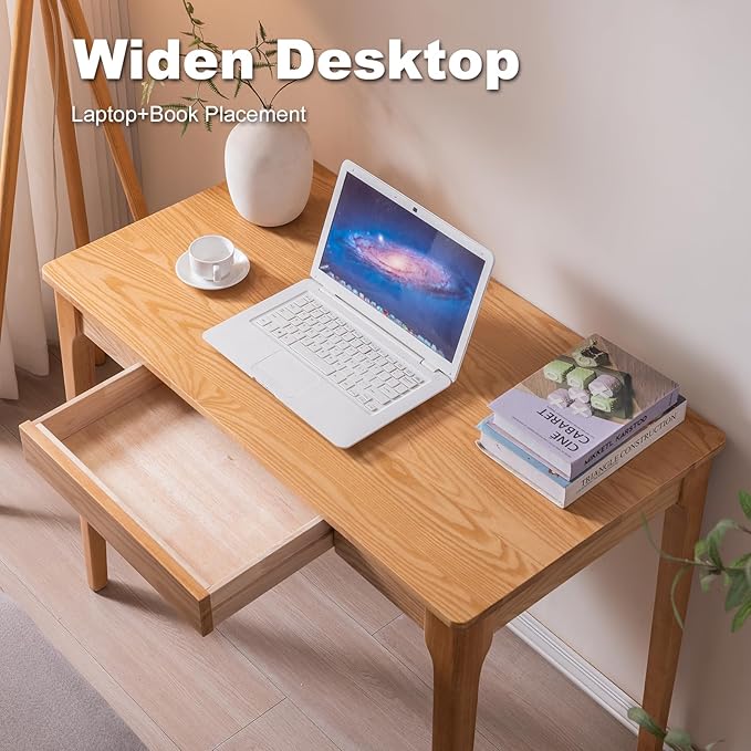 Solid Wood Desk with Drawers, Home Office Desk for Small Spaces, Gaming Work Study Desk, Student PC Desk for Bedroom, Easy to Assemble (Wood Color, 31.5 inch)
