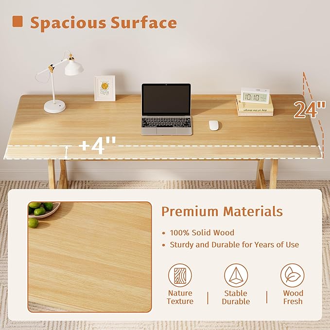 IOTXY Solid Wood Writing Table - 72" W x 24" D Minimalist Long Computer Desk for Home Office, Work, Study, Creativity, and PC Workstation, Oak