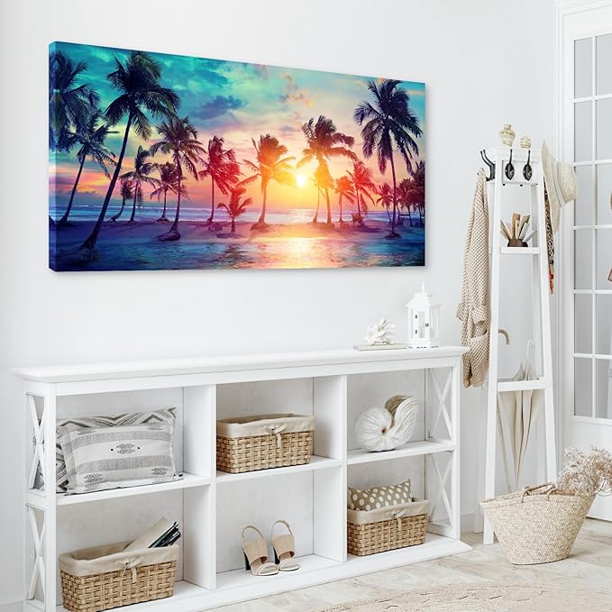 DZL Art S75598 Canvas Wall Art Palm Trees Silhouettes On Tropical Beach At Sunset Beach Seascape Painting Nature Pictures for Living Room Home Office Wall Decor Artwork