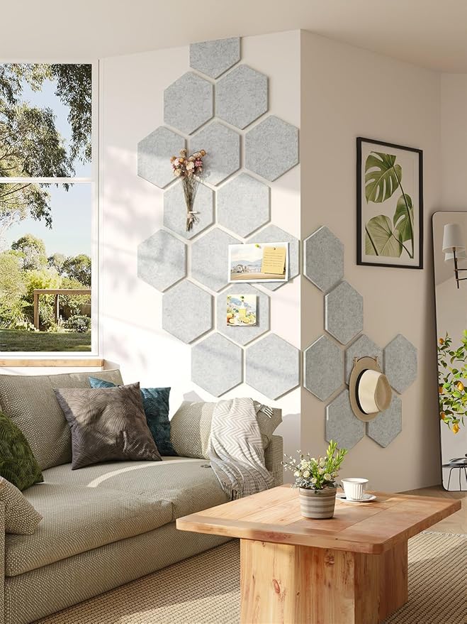 8 Pack Hexagon Felt Bulletin Board Tiles - 11.8" Large Thick Pin Board for Walls with 30 Push Pins, DIY Boards for Office Home School Decor, Aesthetic Hex Cork Board Alternative