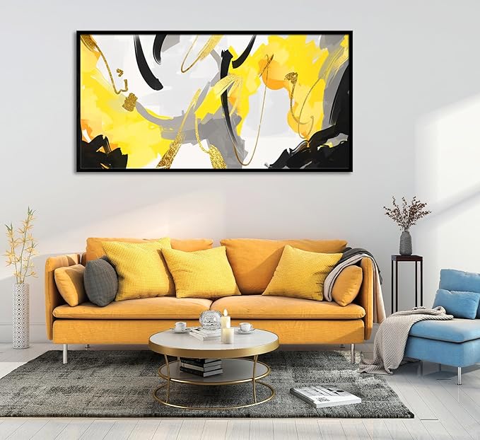 Yellow and Black Canvas Wall Art for Living Room, Colorful Fluid Lines Wall Decor Canvas Paintings, Black Framed Artwork Modern Paintings Pictures Wall Decor 24" x 48"(Framed)